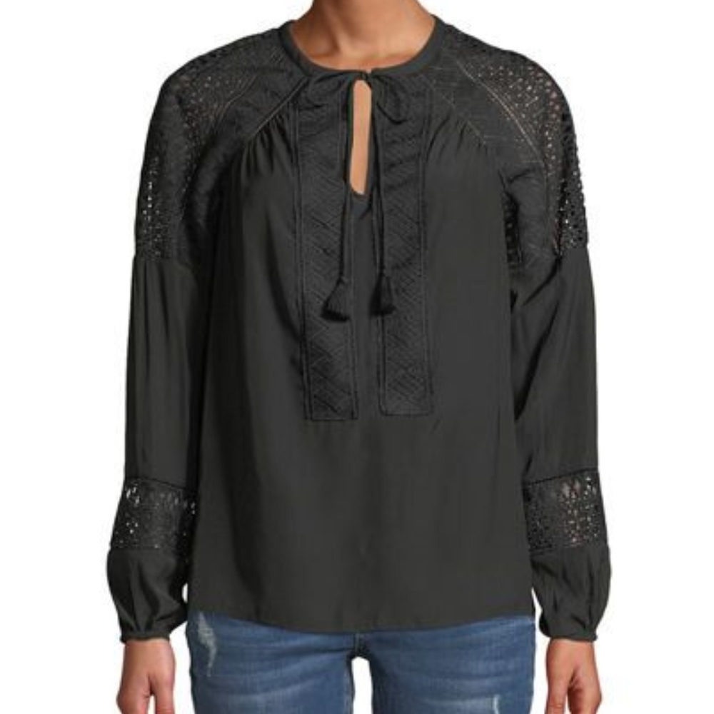 Ramy Brook Winnie Crochet Trim Top Black Sz S
